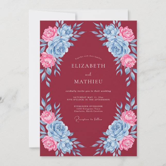 Invitación Boda Floral Azul Granate Rosa (Anverso)