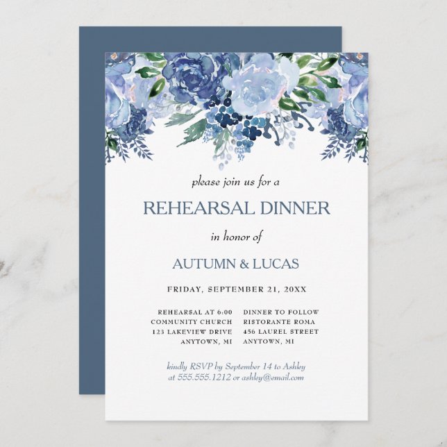 Invitación Boda Floral Azul Gris Ensayo Cena (Anverso / Reverso)