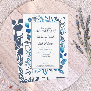 Invitación Boda floral azul grisáceo y azul brillante