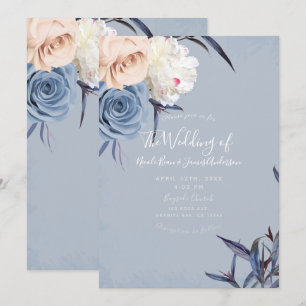 Invitación Boda floral azul grisáceo y melocotón