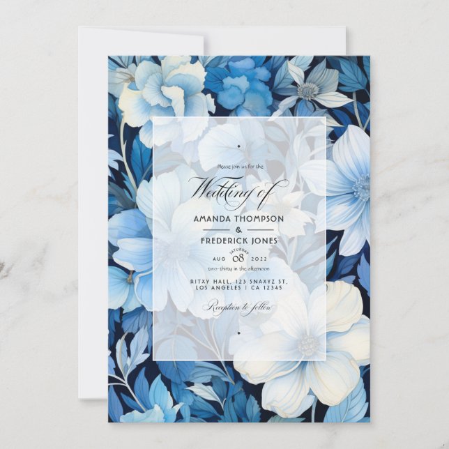Invitación Boda floral azul hielo, marina y blanca (Anverso)