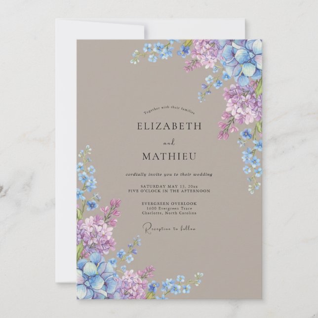 Invitación Boda Floral Azul Lila con Florecimiento (Anverso)