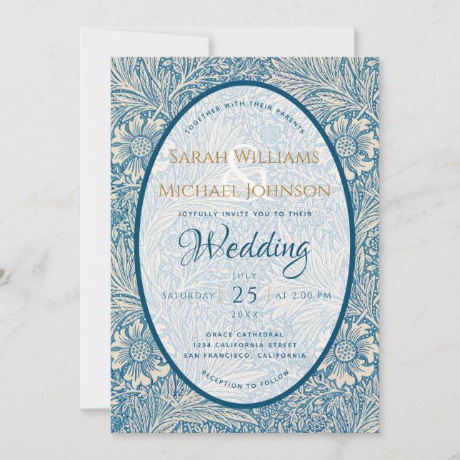 Invitación Boda Floral Azul Marigold William Morris (Anverso)