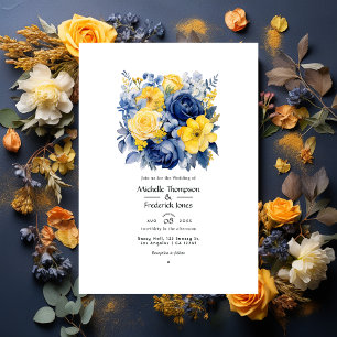 Invitación Boda floral azul marino, amarillo y azul