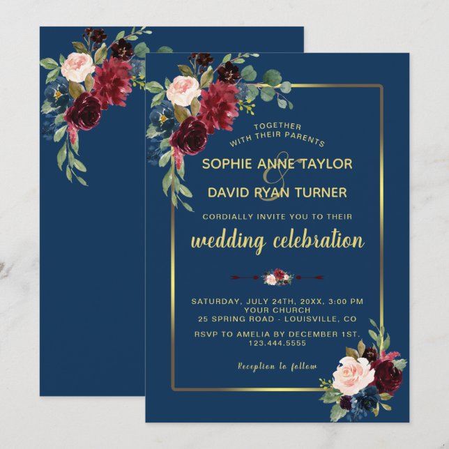 Invitación Boda Floral Azul Marino Borgoña Marco Dorado (Anverso / Reverso)