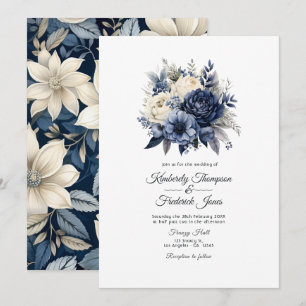 Invitación Boda floral azul marino, crema y plata