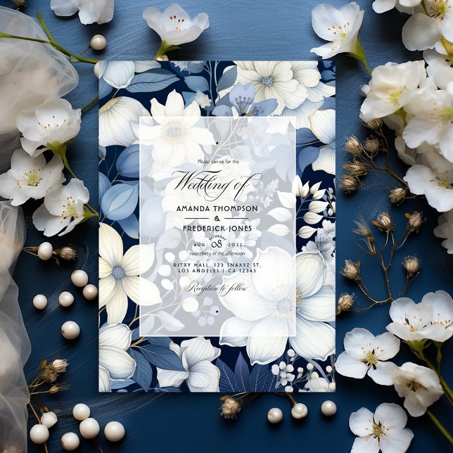 Invitación Boda floral azul marino, crema y plata (Subido por el creador)