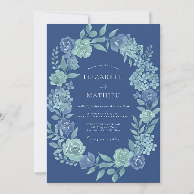 Invitación Boda floral azul marino de laurel (Anverso)
