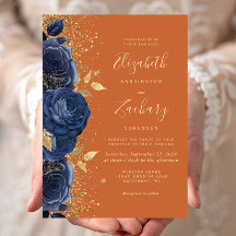 Boda Floral Azul Marino Dorado Naranja Quemada