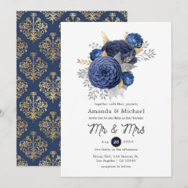 Invitación Boda floral azul marino, dorado y plateado
