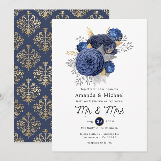 Invitación Boda floral azul marino, dorado y plateado (Anverso / Reverso)