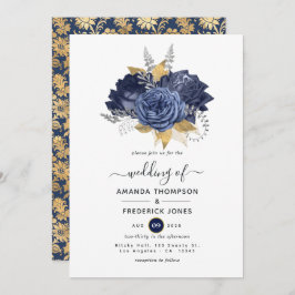 Invitación Boda floral azul marino, dorado y plateado