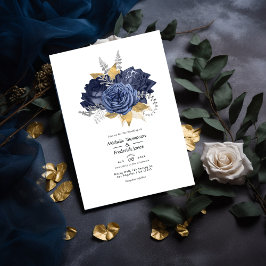 Invitación Boda floral azul marino, dorado y plateado