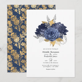 Invitación Boda floral azul marino, dorado y plateado