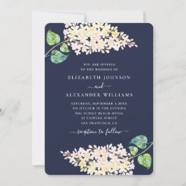 Invitación Boda floral azul marino. Flores lilicas acuáticas