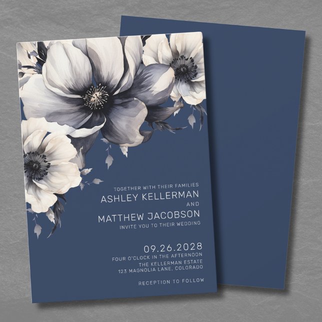 Invitación Boda floral azul marino moderna (Modern Navy Blue Floral Wedding Invitation)