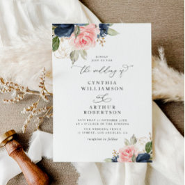 Invitación boda floral azul marino moderno y acuarela de colo