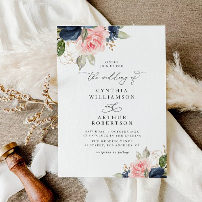 Invitación boda floral azul marino moderno y acuarela de colo (Subido por el creador)