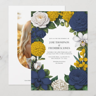 Invitación Boda floral azul marino, mostaza amarilla y blanca