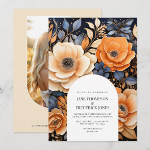 Invitación Boda floral azul marino, naranja quemada y champán