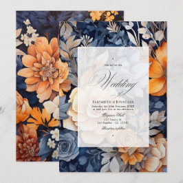 Invitación Boda floral azul marino, naranja quemada y champán