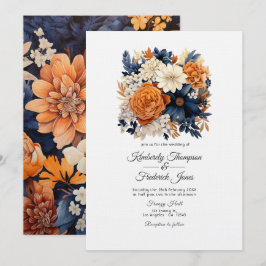 Invitación Boda floral azul marino, naranja quemada y champán