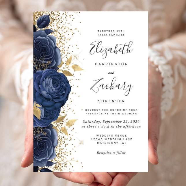 Invitación Boda Floral Azul Marino Oro Blanco (Subido por el creador)