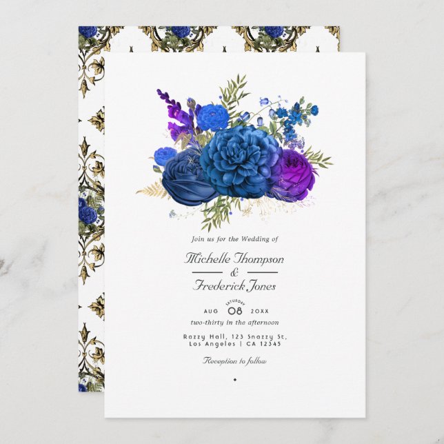 Invitación Boda floral azul marino, oro y morado (Anverso / Reverso)