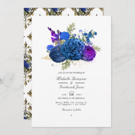 Invitación Boda floral azul marino, oro y morado