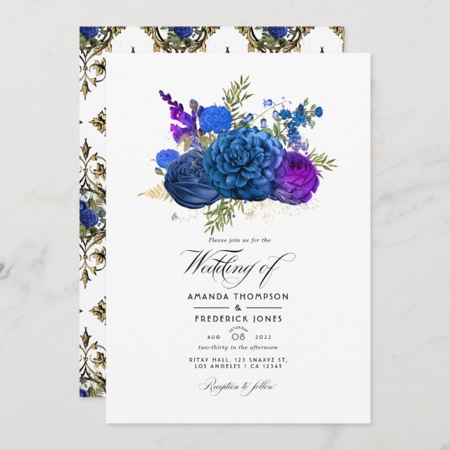 Invitación Boda floral azul marino, oro y morado (Anverso / Reverso)