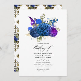 Invitación Boda floral azul marino, oro y morado