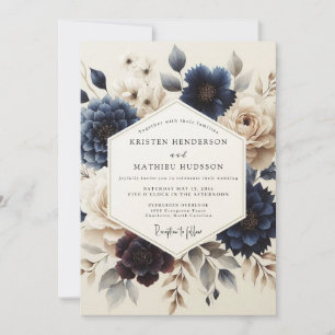 Invitación Boda Floral Azul Marino Pintada
