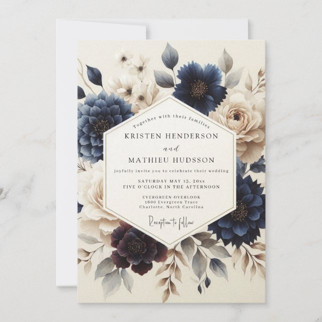 Invitación Boda Floral Azul Marino Pintada (Anverso)