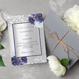 Invitación Boda floral azul marino plateado