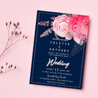 Invitación Boda floral azul marino rosa rosado Peony