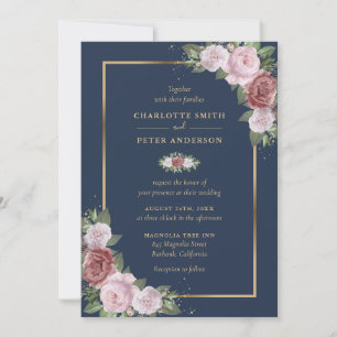 Invitación Boda floral azul marino Rubor rosa dorado