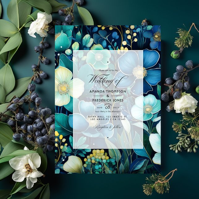 Invitación Boda floral azul marino, verde esmeralda y plata (Subido por el creador)