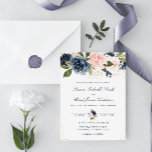 Invitación boda floral azul marino y acuarela rubia<br><div class="desc">Una elegante invitación de temática azul marino con un diseño floral. Cuenta con flores color azul marino y azul cielo. Puede personalizar los colores y el texto negro.</div>