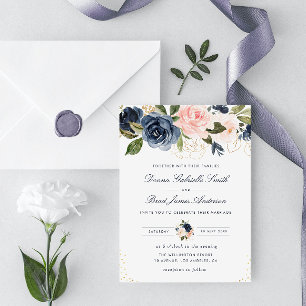 Invitación boda floral azul marino y acuarela rubia