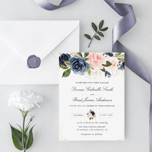 Invitación boda floral azul marino y acuarela rubia (Subido por el creador)