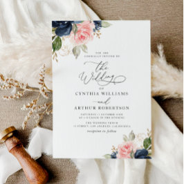 Invitación Boda floral azul marino y acuarela rubia