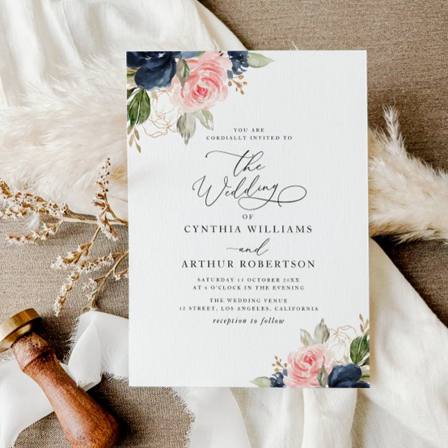 Invitación Boda floral azul marino y acuarela rubia (Subido por el creador)