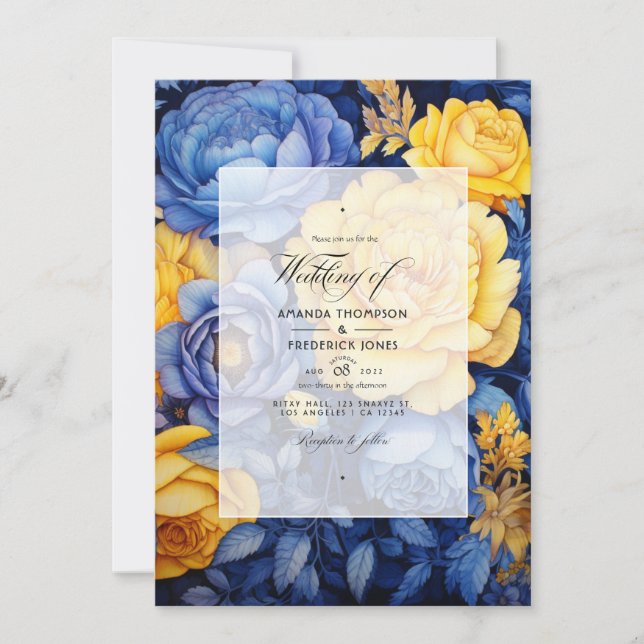 Invitación Boda floral azul marino y amarillo (Anverso)