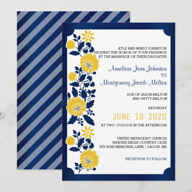 Invitación Boda floral azul marino y amarillo (Anverso / Reverso)