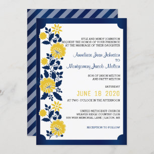 Invitación Boda floral azul marino y amarillo