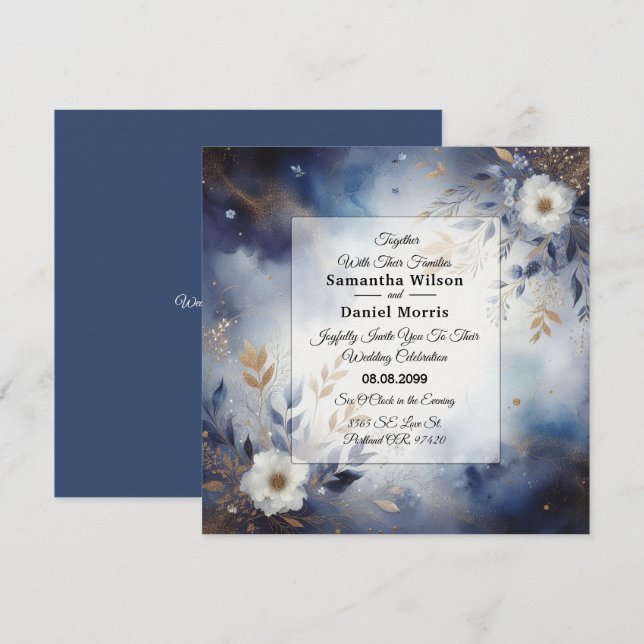 Invitación Boda floral azul marino y dorado (Anverso / Reverso)