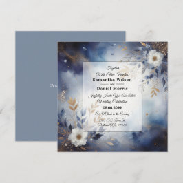 Invitación Boda floral azul marino y dorado