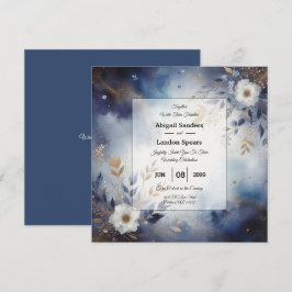 Invitación Boda floral azul marino y dorado