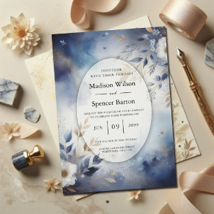 Invitación Boda floral azul marino y dorado