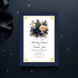 Invitación Boda floral azul marino y dorado